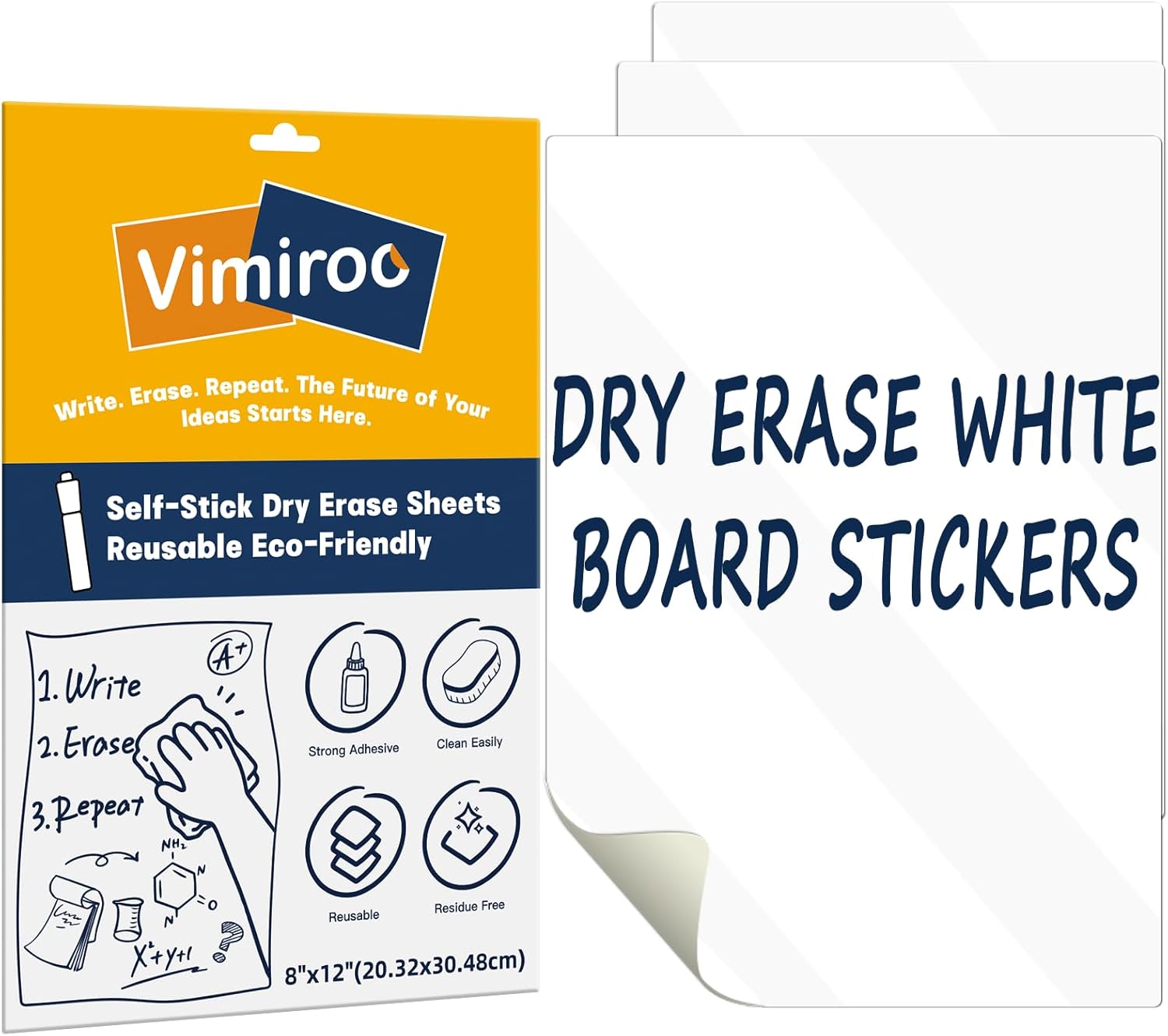 3 Pack Dry Erase Board Stickers Magnetic Free, 12"x8" Restickable Dry Erase Sheets No Residue for Wall/Refrigerator/Door/Cabinet, Adhesive Non-Magnetic Whiteboard, Fridge Dry Erase Paper