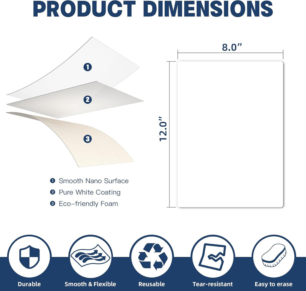 3 Pack Dry Erase Board Stickers Magnetic Free, 12"x8" Restickable Dry Erase Sheets No Residue for Wall/Refrigerator/Door/Cabinet, Adhesive Non-Magnetic Whiteboard, Fridge Dry Erase Paper