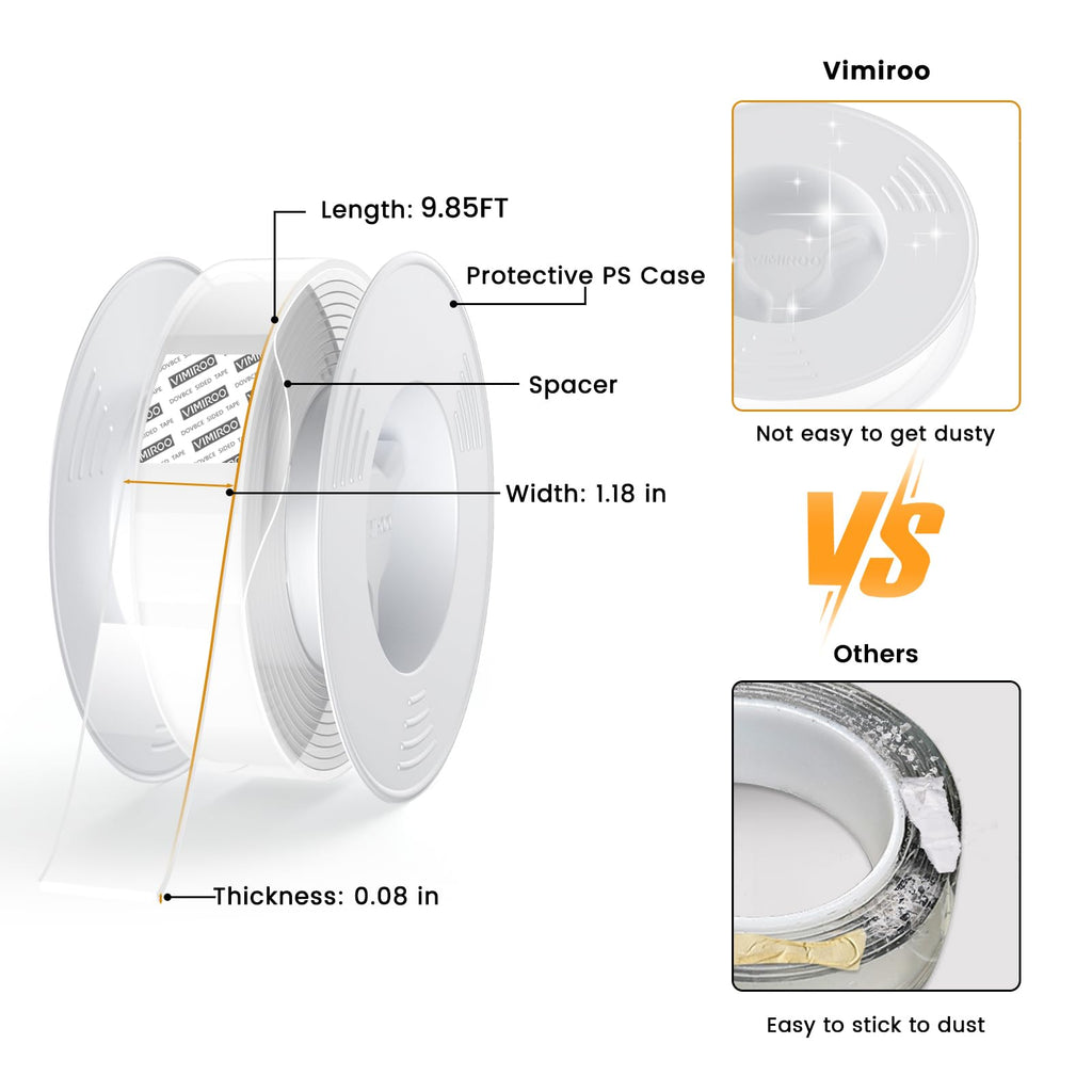 Vimiroo Double Sided Tape Heavy Duty Removable 9.85FT, Extra Large Nano Transparent Adhesive Tape, Clear Mounting Tape, Adhesive Strips for Picture Hanging, Wall, Poster, Carpet